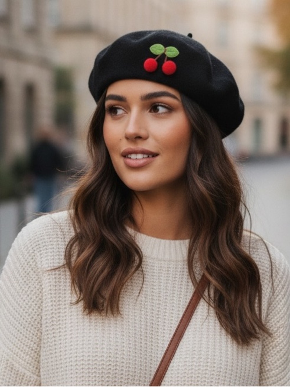 •Parisian Girl• Cherry Beret in Black | Cute Coquette Soft Girl French Style Cap